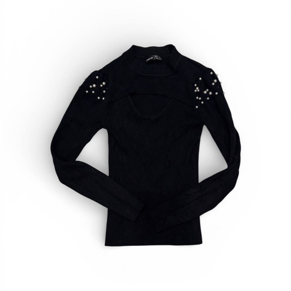 82. SHEIN Black Turtleneck Sweater with Pearl Accents Size Medium